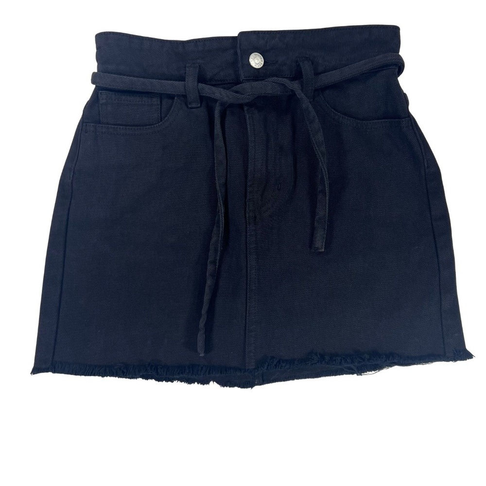 PacSun Black Denim Mini Skirt Womens 24 High Rise Belted Raw Hem